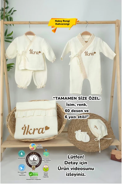 gros shop Müslin Yeni Doğan 4Katlı Organik %100Pamuk Kişiye Özgü Nakışlı Hastane Çıkış Seti (Kalpli Model-6) ürün görseli