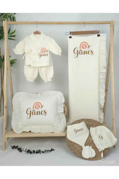 gros shop Müslin Yeni Doğan 4Katlı Organik %100Pamuk Kişiye Özgü Nakışlı Hastane Çıkış Seti(Gökkuşağı Model-3) - Resim 2