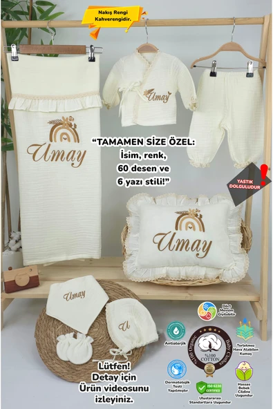 gros shop Müslin Yeni Doğan 4Katlı Organik %100Pamuk Kişiye Özgü Nakışlı Hastane Çıkış Seti(Gökkuşağı Model1) ürün görseli