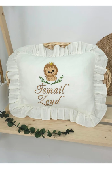 gros shop Müslin Yeni Doğan 4Katlı Organik %100Pamuk Kişiye Özgü Nakışlı Hastane Çıkış Seti (Aslan Model-2) - Resim 2