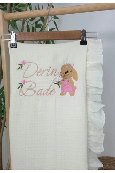 gros shop Müslin Yeni Doğan 4Katlı Organik %100Pamuk Kişiye Özgü Nakışlı Hastane Çıkış Seti(Tavşan Model-3) - 3