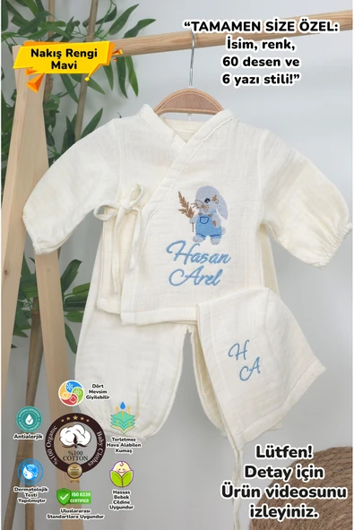 gros shop Müslin Yeni Doğan 4Katlı Organik %100Pamuk Kişiye Özgü Nakışlı Hastane Çıkış Seti (Tavşan Model-4) ürün görseli