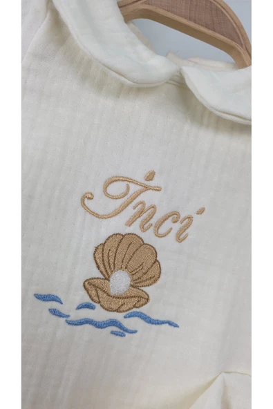 gros shop Müslin Yeni Doğan 4Katlı Organik %100Pamuk Kişiye Özgü Nakışlı Hastane Çıkış Seti-İnci Model - Resim 3