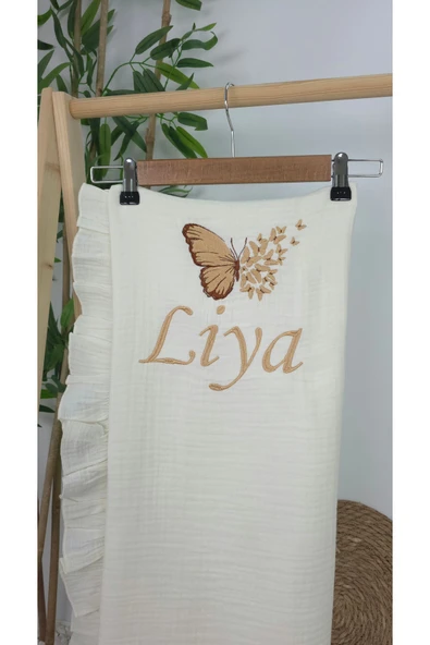 gros shop Müslin Yeni Doğan 4Katlı Organik %100Pamuk Kişiye Özgü Nakışlı Hastane Çıkış Seti-Çoklu Kelebek-2 - Resim 3