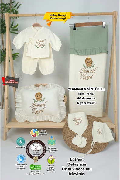 gros shop Müslin Yeni Doğan 4Katlı Organik %100Pamuk Kişiye Özgü Nakışlı Hastane Çıkış Seti (Aslan Model-2) ürün görseli