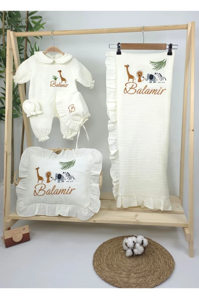 gros shop Müslin Yeni Doğan 4Katlı Organik %100Pamuk Kişiye Özgü Nakışlı Hastane Çıkış Seti-Safari Model - Resim 2