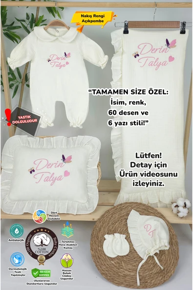 gros shop Müslin Yeni Doğan 4Katlı Organik %100Pamuk Kişiye Özgü Nakışlı Hastane Çıkış Seti-İkili Kelebek ürün görseli