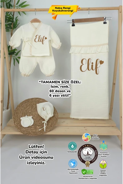 gros shop Müslin Yeni Doğan 4Katlı Organik %100Pamuk Kişiye Özgü Nakışlı Hastane Çıkış Seti (Kalpli Model-8) ürün görseli