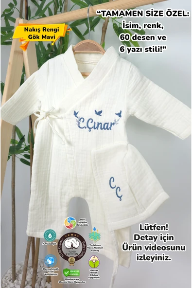 gros shop Müslin Yeni Doğan 4Katlı Organik %100Pamuk Kişiye Özgü Nakışlı Hastane Çıkış Seti-3'Lü Kuş Model ürün görseli