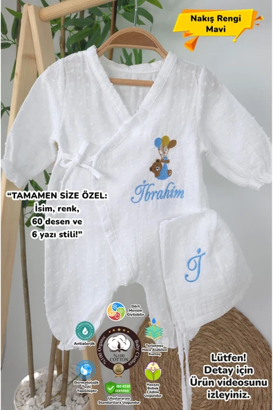 gros shop Müslin Yeni Doğan 4Katlı Organik %100Pamuk Kişiye Özgü Nakışlı Hastane Çıkış Seti-Ayıcık Model ürün görseli