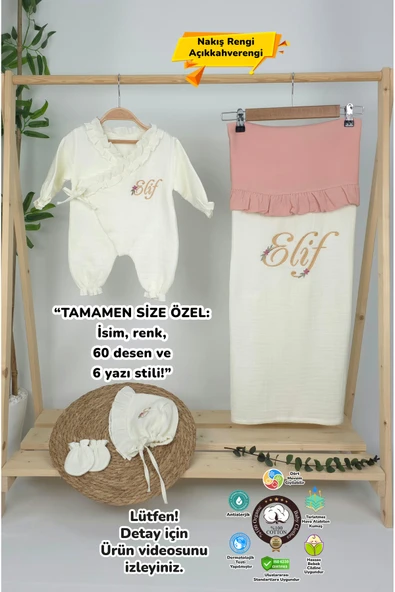 gros shop Müslin Yeni Doğan 4Katlı Organik %100Pamuk Kişiye Özgü Nakışlı Hastane Çıkış Seti (Papatya Model-7) ürün görseli