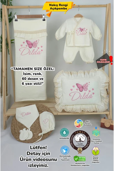 gros shop Müslin Yeni Doğan 4Katlı Organik %100Pamuk Kişiye Özgü Nakışlı Hastane Çıkış Seti (Çoklu Kelebek-3) - 1