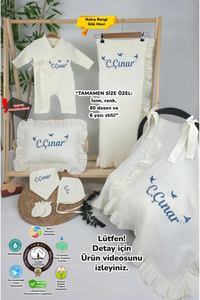 gros shop Müslin Yeni Doğan 4Katlı Organik %100Pamuk Kişiye Özgü Nakışlı Hastane Çıkış Seti-3'Lü Kuş Model ürün görseli