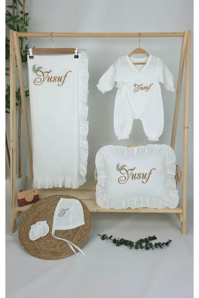 gros shop Müslin Yeni Doğan 2Katlı Organik %100Pamuk Kişiye Özgü Nakışlı Hastane Çıkış Seti(İkili Dal Model-3) - Resim 2