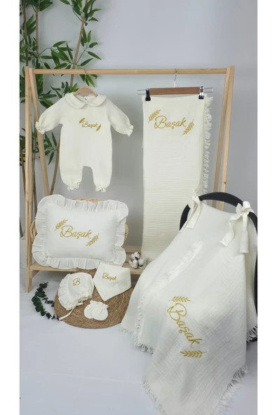 gros shop Müslin Yeni Doğan 4Katlı Organik %100Pamuk Kişiye Özgü Nakışlı Hastane Çıkış Seti-Başak Model - 2