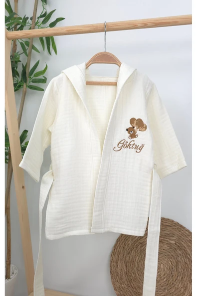 gros shop Müslin Yeni Doğan 4Katlı Organik %100Pamuk Kişiye Özgü Nakışlı 0-2 Yaş Bornoz (Ayıcıklı) - 3