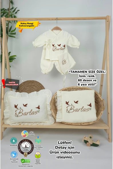gros shop Müslin Yeni Doğan 4Katlı Organik %100Pamuk Kişiye Özgü Nakışlı Hastane Çıkış Seti(3'lü Kelebk Model) ürün görseli