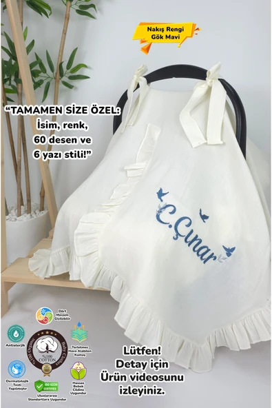 gros shop Müslin Yeni Doğan 4Katlı Organik %100Pamuk Kişiye Özgü Nakışlı Hastane Çıkış Seti-3'Lü Kuş Model ürün görseli