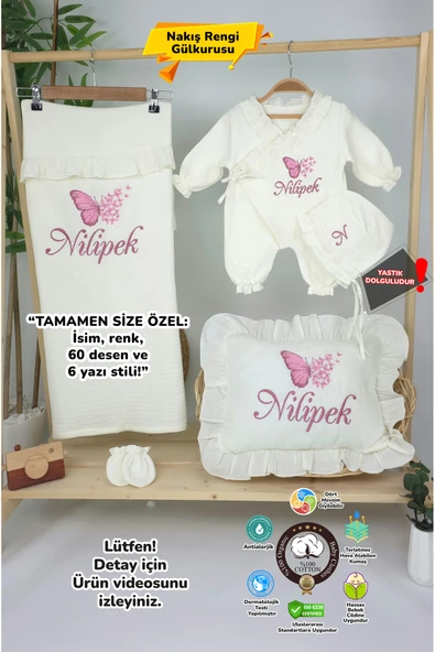 gros shop Müslin Yeni Doğan 4Katlı Organik %100Pamuk Kişiye Özgü Nakışlı Hastane Çıkış Seti (Çoklu Kelebek-2) ürün görseli