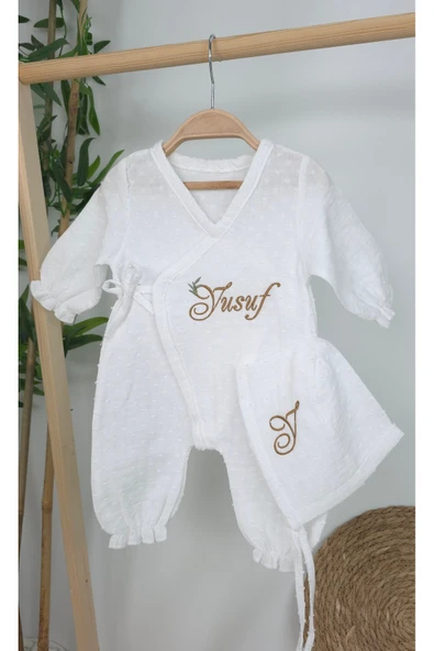 gros shop Müslin Yeni Doğan 2Katlı Organik %100Pamuk Kişiye Özgü Nakışlı Hastane Çıkış Seti(İkili Dal Model-3) - Resim 4