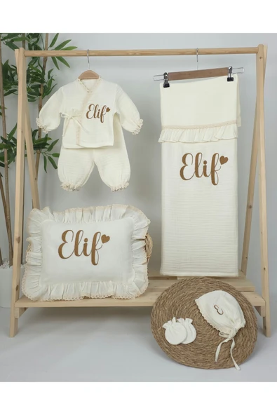 gros shop Müslin Yeni Doğan 4Katlı Organik %100Pamuk Kişiye Özgü Nakışlı Hastane Çıkış Seti (Kalpli Model-8) - Resim 2