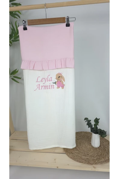 gros shop Müslin Yeni Doğan 4Katlı Organik %100Pamuk Kişiye Özgü Nakışlı Hastane Çıkış Seti-Tavşan Model-1 - Resim 3