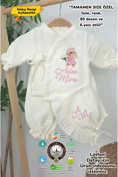 gros shop Müslin Yeni Doğan 4Katlı Organik %100Pamuk Kişiye Özgü Nakışlı Hastane Çıkış Seti (Tavşan Modell-2) ürün görseli