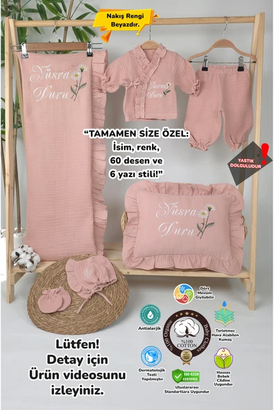 gros shop Müslin Yeni Doğan 4Katlı Organik %100Pamuk Kişiye Özgü Nakışlı Hastane Çıkış Seti (Pudra Papatyalı) ürün görseli