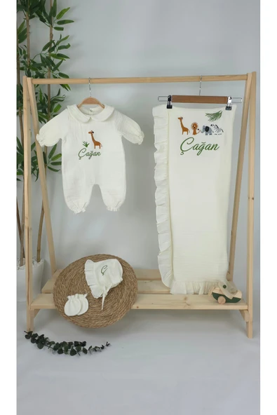 gros shop Müslin Yeni Doğan 4Katlı Organik %100Pamuk Kişiye Özgü Nakışlı Hastane Çıkış Seti-Safari Model-2 - Resim 2