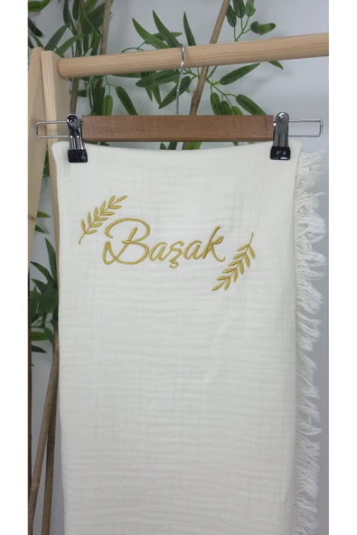 gros shop Müslin Yeni Doğan 4Katlı Organik %100Pamuk Kişiye Özgü Nakışlı Hastane Çıkış Seti-Başak Model - 3