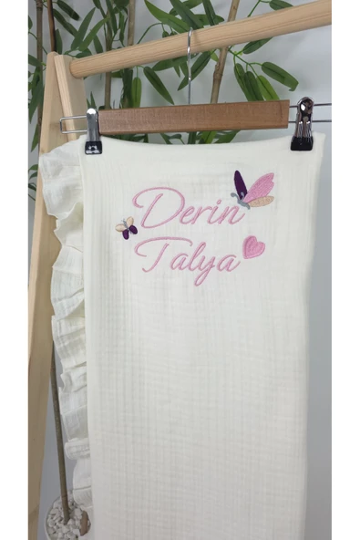 gros shop Müslin Yeni Doğan 4Katlı Organik %100Pamuk Kişiye Özgü Nakışlı Hastane Çıkış Seti-İkili Kelebek - Resim 3