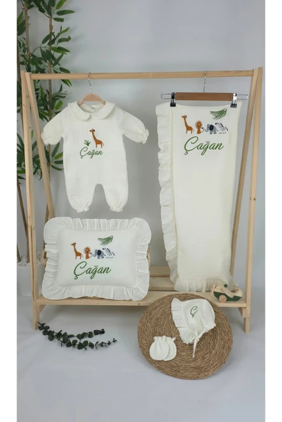 gros shop Müslin Yeni Doğan 4Katlı Organik %100Pamuk Kişiye Özgü Nakışlı Hastane Çıkış Seti-Safari Model-2 - Resim 2