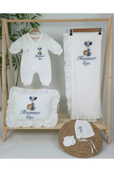 gros shop Müslin Yeni Doğan 4Katlı Organik %100Pamuk Kişiye Özgü Nakışlı Hastane Çıkış Seti (Balonlu Aslan) - Resim 2