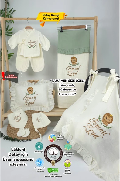 gros shop Müslin Yeni Doğan 4Katlı Organik %100Pamuk Kişiye Özgü Nakışlı Hastane Çıkış Seti (Aslan Model-2) - 1