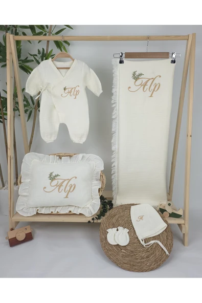 gros shop Müslin Yeni Doğan 4Katlı Organik %100Pamuk Kişiye Özgü Nakışlı Hastane Çıkış Seti(İki Dallı Model-4) - Resim 2