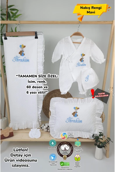 gros shop Müslin Yeni Doğan 4Katlı Organik %100Pamuk Kişiye Özgü Nakışlı Hastane Çıkış Seti-Ayıcık Model ürün görseli