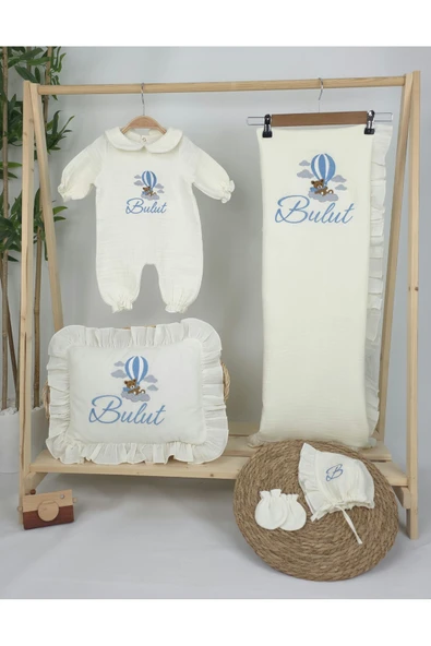 gros shop Müslin Yeni Doğan 4Katlı Organik %100Pamuk Kişiye Özgü Nakışlı Hastane Çıkış Seti (Ayıcık Model-3) - Resim 2