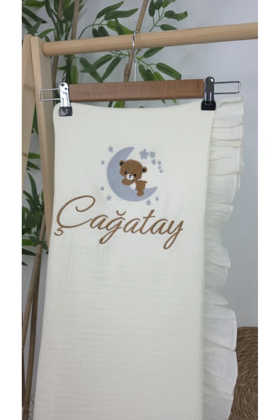 gros shop Müslin Yeni Doğan 4Katlı Organik %100Pamuk Kişiye Özgü Nakışlı Hastane Çıkış Seti (Ayıcık Model 4) - Resim 4