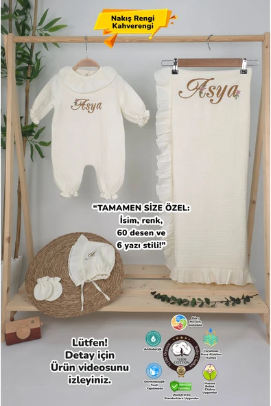 gros shop Müslin Yeni Doğan 4Katlı Organik %100Pamuk Kişiye Özgü Nakışlı Hastane Çıkış Seti(Papatya Model-4) - 1