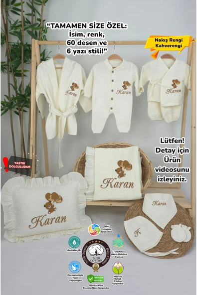 gros shop Müslin Yeni Doğan 4Katlı Organik %100Pamuk Kişiye Özgü Nakışlı Hastane Çıkış Seti (Ayıcık Model-6) - 1