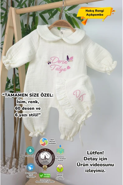 gros shop Müslin Yeni Doğan 4Katlı Organik %100Pamuk Kişiye Özgü Nakışlı Hastane Çıkış Seti-İkili Kelebek ürün görseli