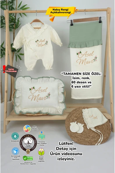 gros shop Müslin Yeni Doğan 4Katlı Organik %100Pamuk Kişiye Özgü Nakışlı Hastane Çıkış Seti (Güllü Model-5) - 1
