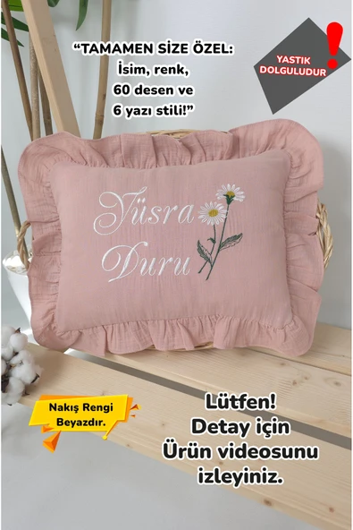 gros shop Müslin Yeni Doğan 4Katlı Organik %100Pamuk Kişiye Özgü Nakışlı Hastane Çıkış Seti (Pudra Papatyalı) ürün görseli