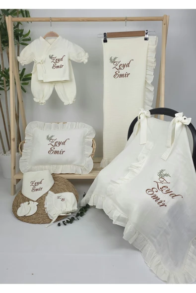 gros shop Müslin Yeni Doğan 4Katlı Organik %100Pamuk Kişiye Özgü Nakışlı Hastane Çıkış Seti(İkili Dal Model-5) - Resim 2