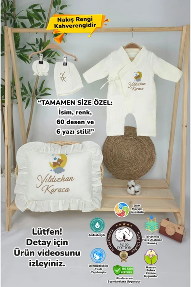 gros shop Müslin Yeni Doğan 4Katlı Organik %100Pamuk Kişiye Özgü Nakışlı Hastane Çıkış Seti(Ay YıldızlıAyıcık) - Resim 5