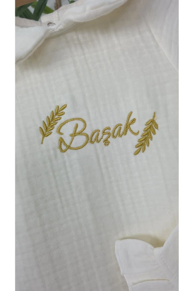 gros shop Müslin Yeni Doğan 4Katlı Organik %100Pamuk Kişiye Özgü Nakışlı Hastane Çıkış Seti-Başak Model - Resim 3