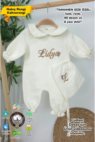 gros shop Müslin Yeni Doğan 4Katlı Organik %100Pamuk Kişiye Özgü Nakışlı Hastane Çıkış Seti (Papatya Model-9) ürün görseli