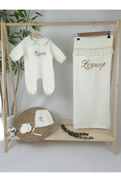 gros shop Müslin Yeni Doğan 4Katlı Organik %100Pamuk Kişiye Özgü Nakışlı Hastane Çıkış Seti (Papatya-3) - Resim 2