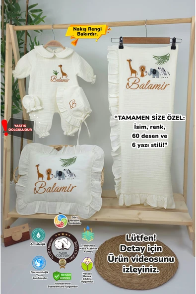 gros shop Müslin Yeni Doğan 4Katlı Organik %100Pamuk Kişiye Özgü Nakışlı Hastane Çıkış Seti-Safari Model ürün görseli