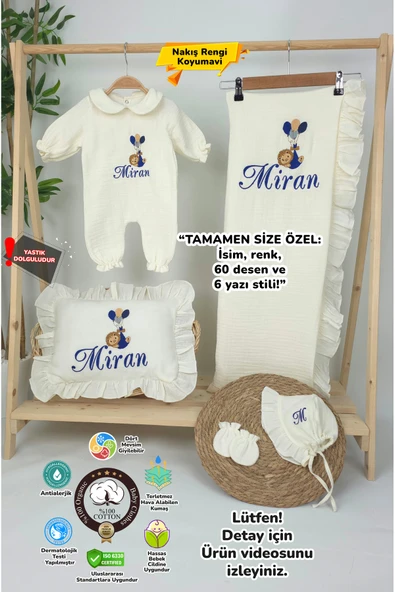 gros shop Müslin Yeni Doğan 4Katlı Organik %100Pamuk Kişiye Özgü Nakışlı Hastane Çıkış Seti (Balonlu Aslan-4) ürün görseli